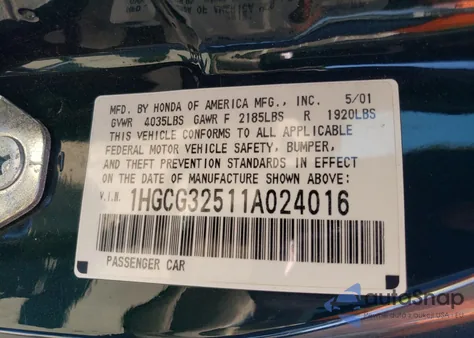 2001 Honda Accord Ex из США, поврежденный, VIN 1HGCG32511A024016